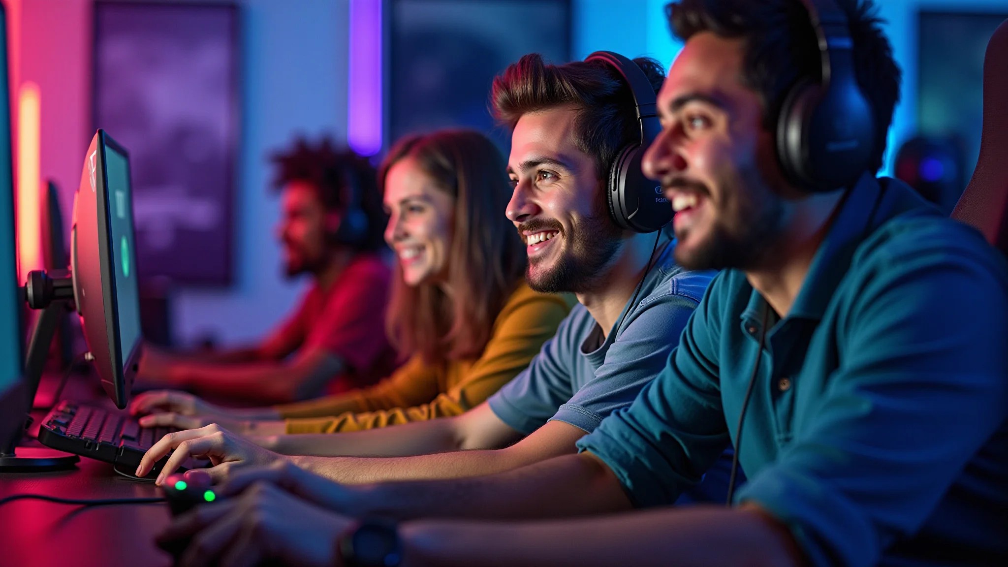 Gamers brasileiros jogando em PCs com placas de vídeo de alta performance.