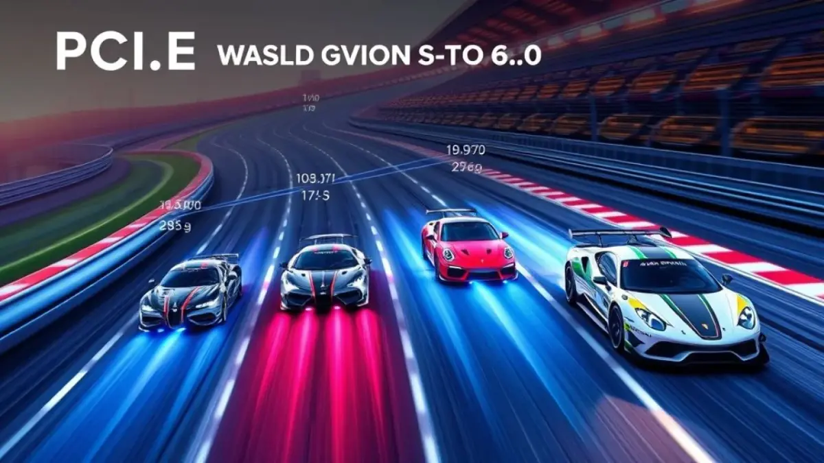 Graphical representation of PCIe evolution from 1.0 to 6.0, data transfer speed visualized as Evolução do PCIe 1.0 ao 6.0 visualizada como carros de corrida.