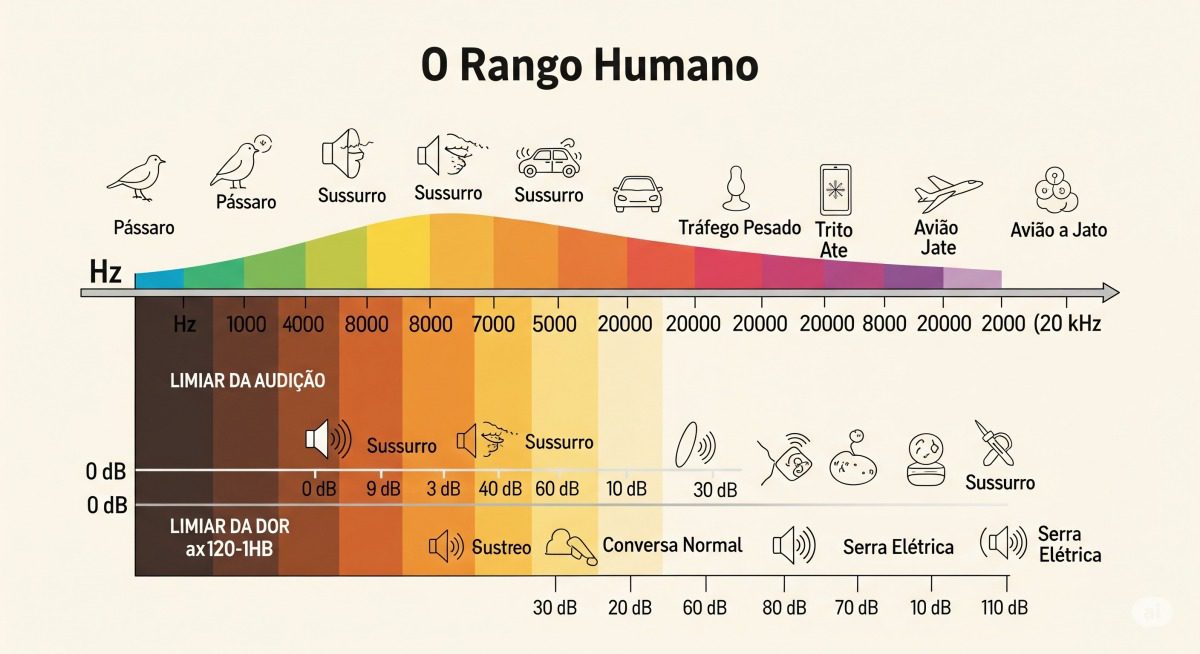 Infográfico ilustrando a faixa de audição humana, mostrando frequências e níveis de decibéis de sons comuns, além dos limiares de audição e dor.