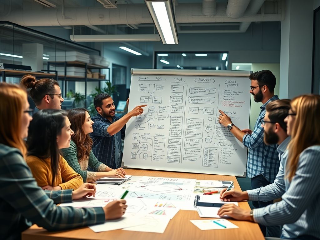 Uma equipe diversificada de engenheiros de software colaborando em um projeto.