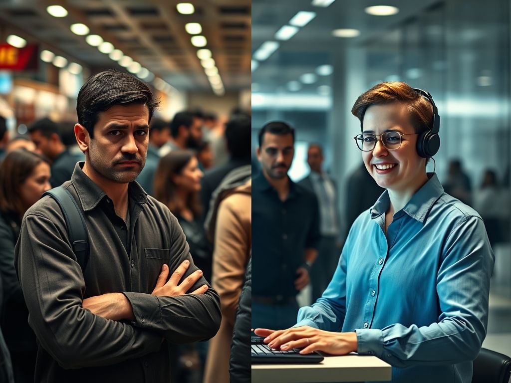 Comparação do atendimento ao cliente antes e depois da implementação de chatbots IA: filas longas versus atendimento rápido e eficiente.