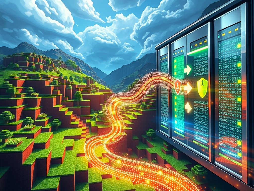 Ilustração do processo de backup de um servidor de Minecraft, mostrando a cópia dos dados para um armazenamento seguro na nuvem.