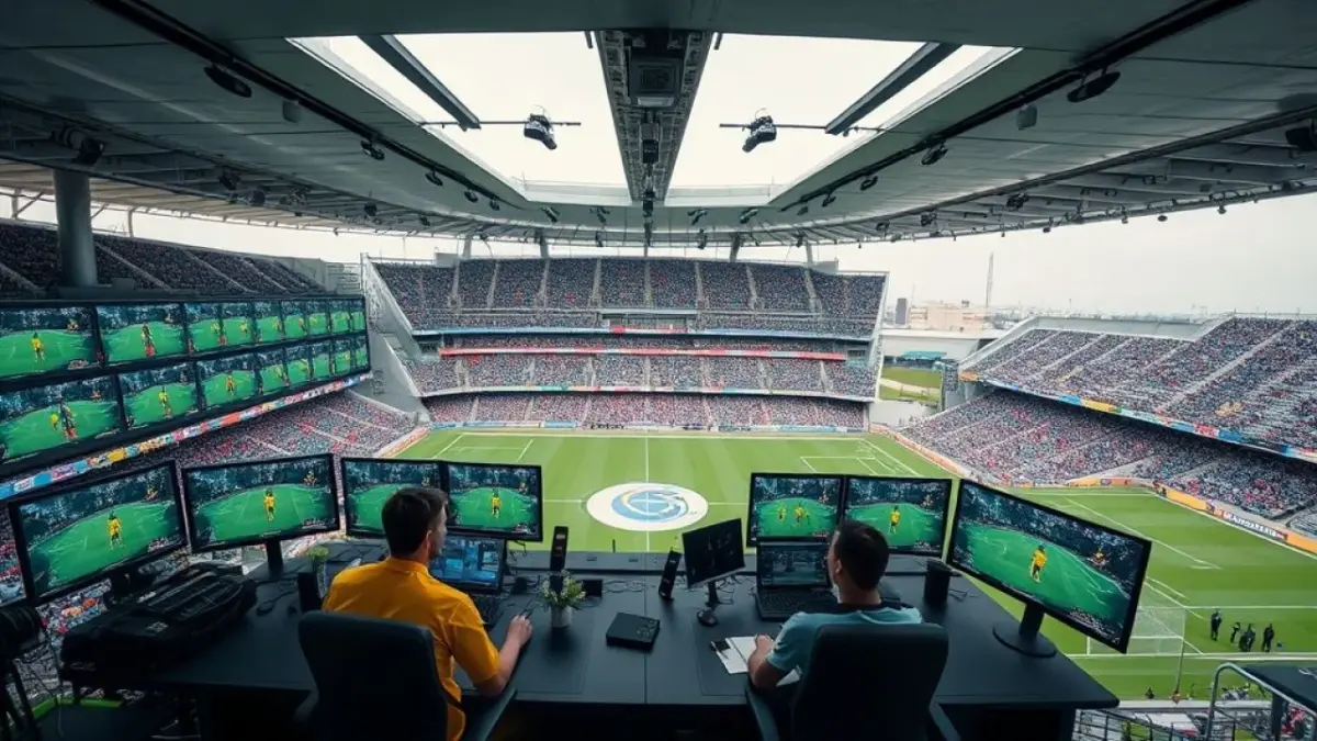 Aerial view of a modern football stadium in Brazil during a VAR review, multiple camera angles Revisão do VAR em estádio brasileiro, mostrando tecnologia e árbitros analisando lances.