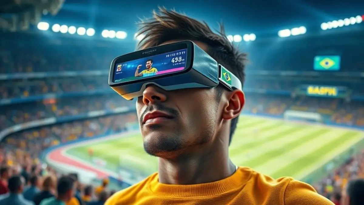 Brazilian football fan wearing augmented reality glasses watching a live game, displaying player Torcedor brasileiro usando RA para ver estatísticas durante partida de futebol.