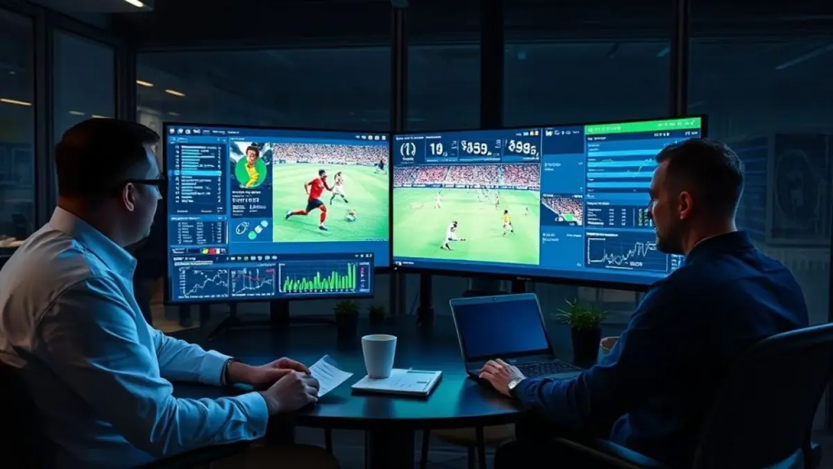 Data scientists analyzing big data on large monitors, visualizing football player movements and Cientistas de dados analisando informações de futebol em escritório moderno.