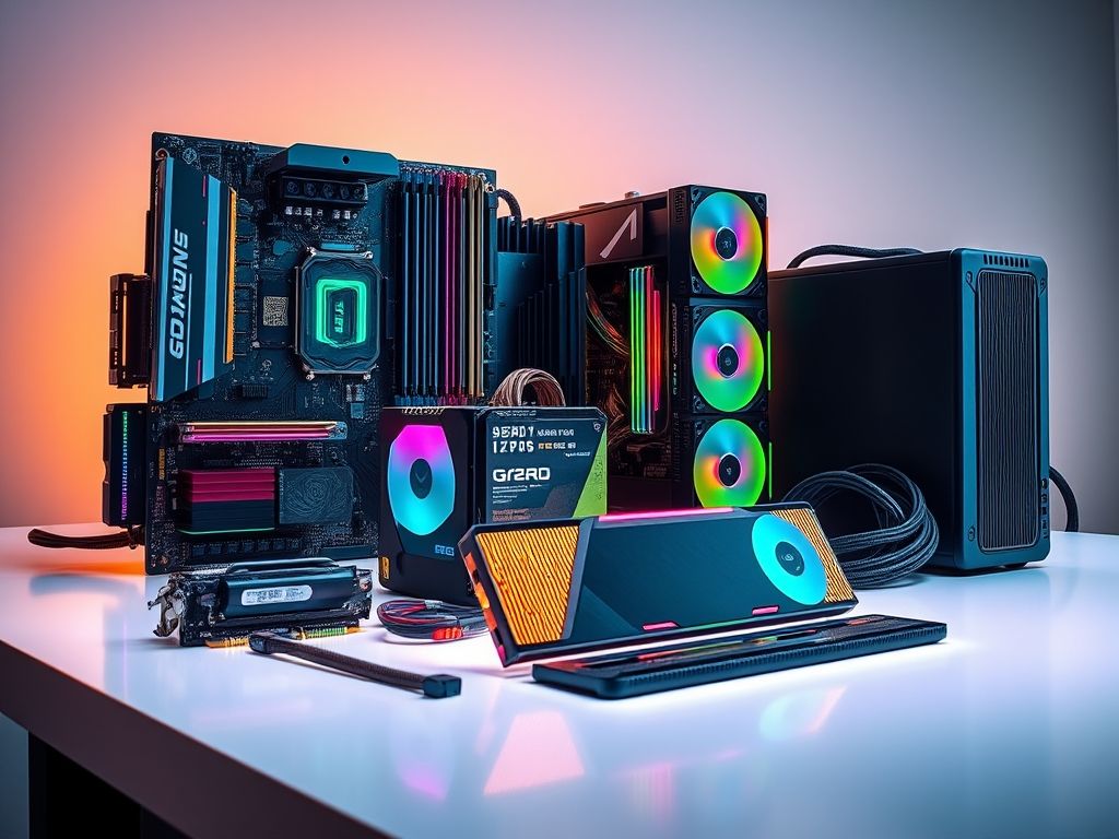 Imagem detalhada dos componentes de um PC gamer de alta performance, mostrando as opções de personalização disponíveis ao montar um computador.