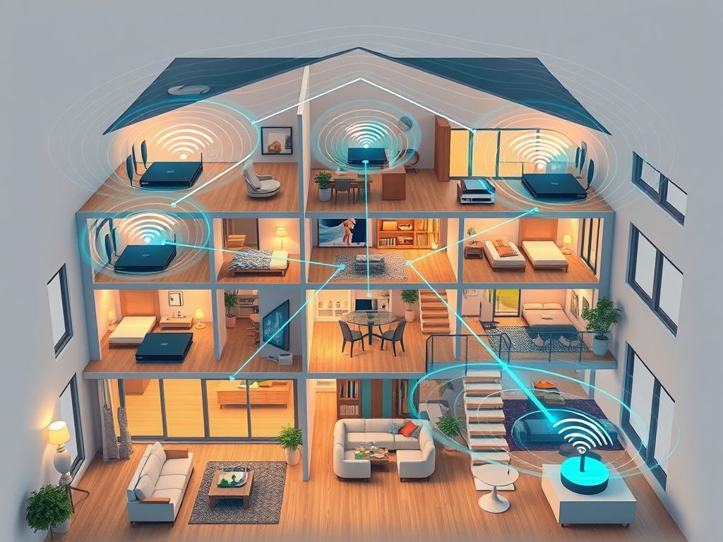 Diagrama de uma rede Wi-Fi Mesh em uma casa, mostrando a cobertura contínua do sinal em todos os cômodos.