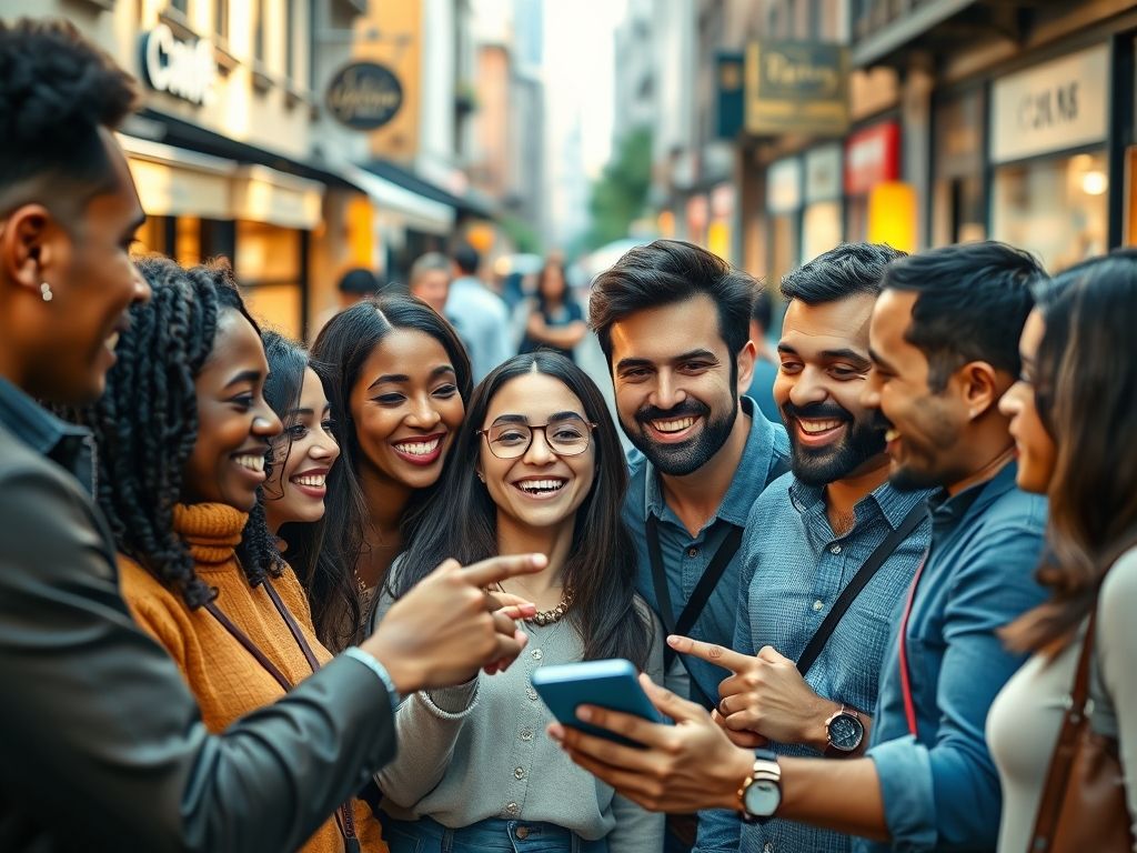 Pessoas diversas conversando alegremente e mostrando avaliações positivas em um smartphone, representando o marketing boca a boca digital.