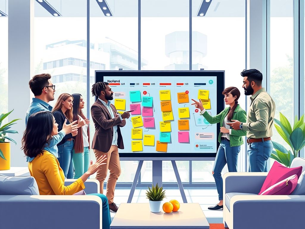 Ilustração de uma equipe diversa colaborando em torno de um quadro Kanban digital, mostrando o dinamismo e a colaboração do Scrum.