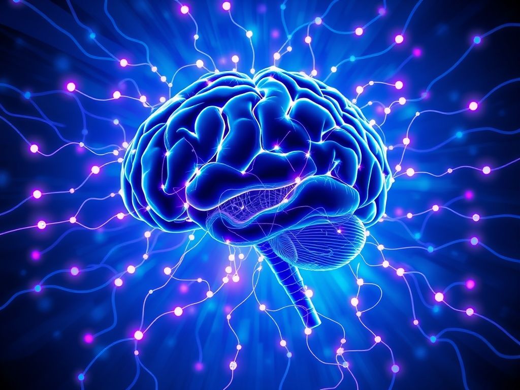 Imagem futurística e abstrata mostrando um cérebro conectado a uma rede de fluxos de dados, processando informações de forma rápida e eficiente.