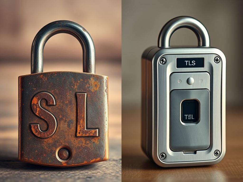 Comparação entre um cadeado antigo (SSL) e uma fechadura digital moderna (TLS), mostrando a evolução da segurança.