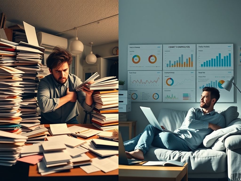 Imagem de tela dividida mostrando a diferença entre análise de concorrentes manual (pessoa frustrada com pilhas de papéis) e análise com IA (pessoa relaxada com dados claros em um computador).