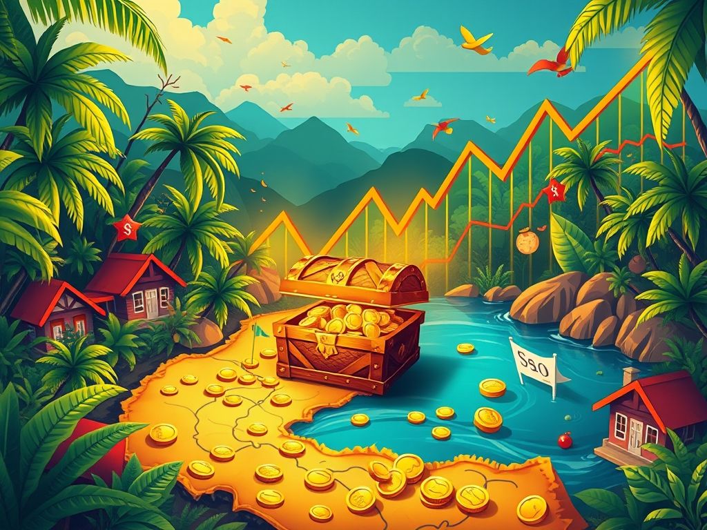 Ilustração de um mapa do tesouro que leva a um baú cheio de moedas de ouro e gráficos de ações em alta, representando uma jornada financeira bem-sucedida.