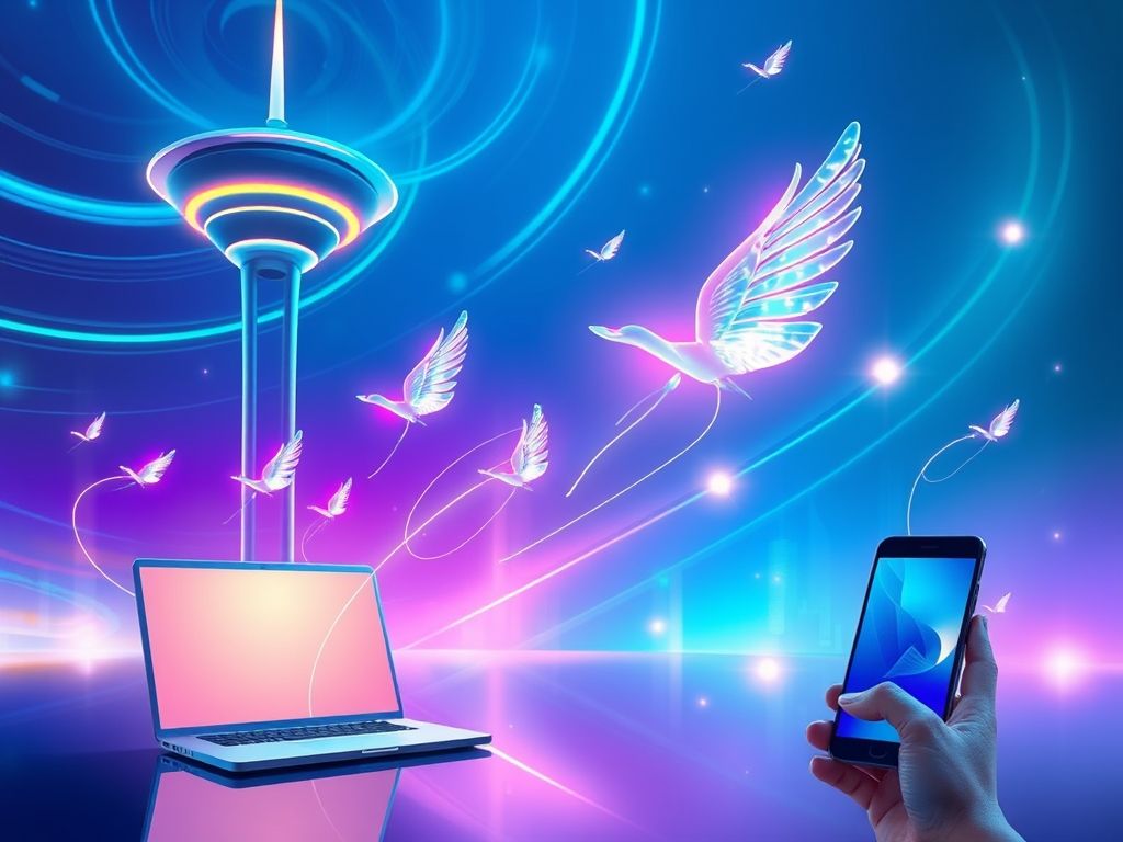 Ilustração colorida mostrando dados voando através do ar de um roteador wireless para diversos dispositivos, representando a conexão sem fio.