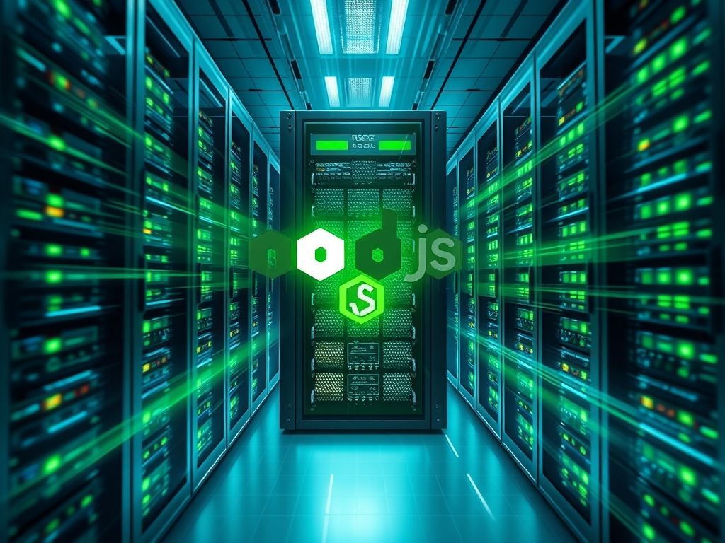 Servidor com o logo do Node.js, representando um backend poderoso e eficiente.