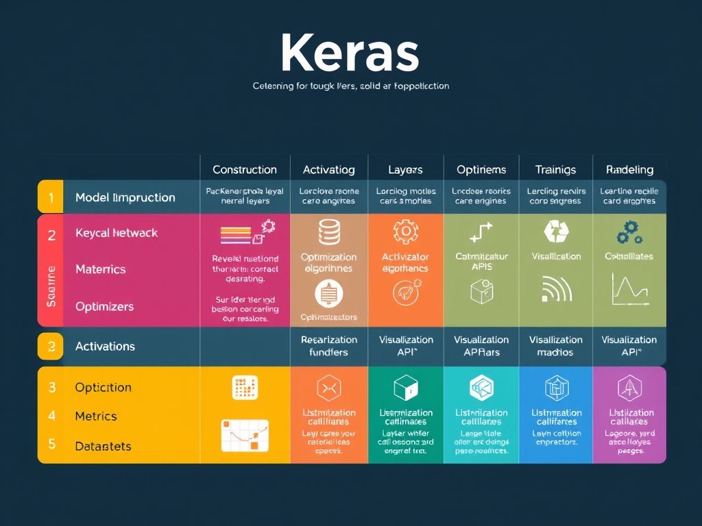 Tabela visualmente atraente resumindo as principais funcionalidades do Keras, como construção de modelos, camadas, funções de ativação, otimizadores, métricas, callbacks, visualização e API de conjunto de dados.