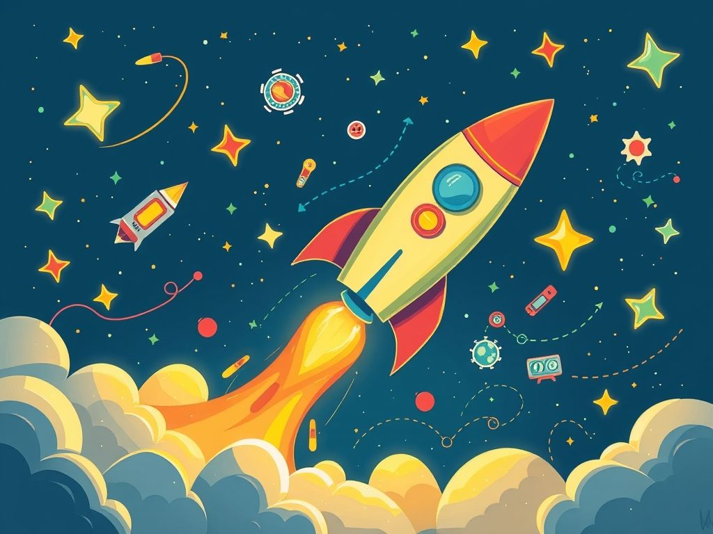 Ilustração lúdica do framework Scrum como um foguete decolando para o espaço, simbolizando crescimento e inovação.