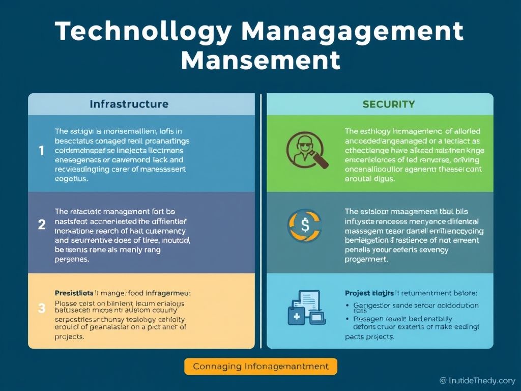 Imagem em estilo de infográfico comparando diferentes tipos de gestão de tecnologia (Infraestrutura, Software, Segurança, Projetos) usando ícones e descrições curtas.